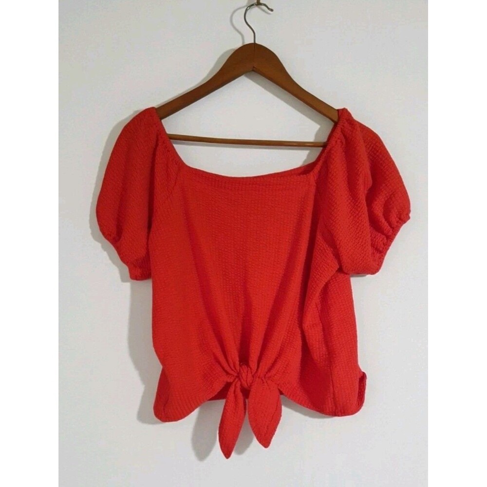 LOFT Top M Orange Textured Puff Sleeve Tie Front Square Neck Cotton Blend Blouse
